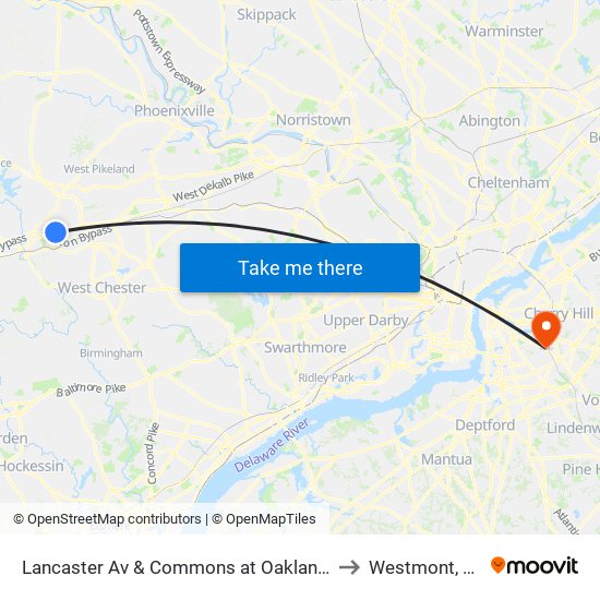 Lancaster Av & Commons at Oaklands to Westmont, NJ map