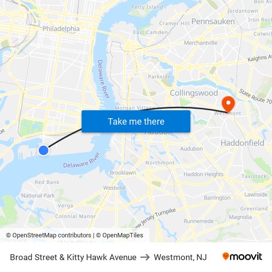 Broad Street & Kitty Hawk Avenue to Westmont, NJ map