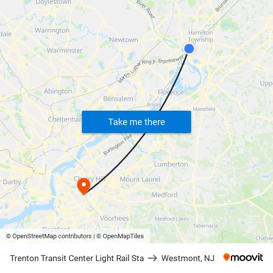 Trenton Transit Center Light Rail Sta to Westmont, NJ map
