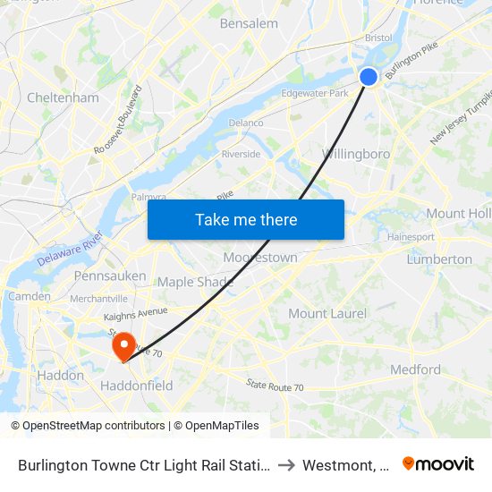 Burlington Towne Ctr Light Rail Station to Westmont, NJ map