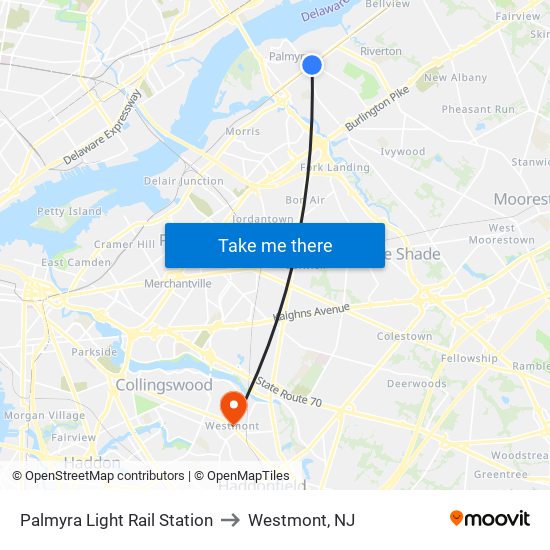 Palmyra Light Rail Station to Westmont, NJ map