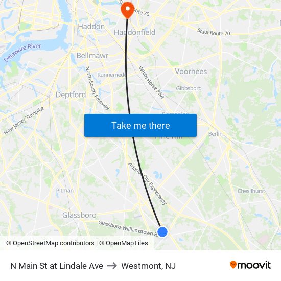 N Main St at Lindale Ave to Westmont, NJ map