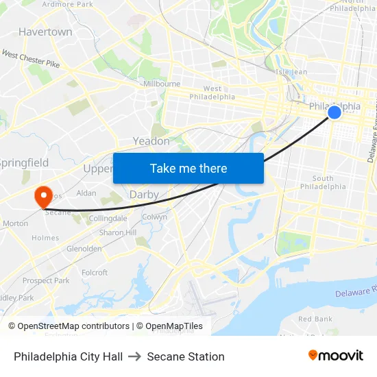 Philadelphia City Hall to Secane Station map