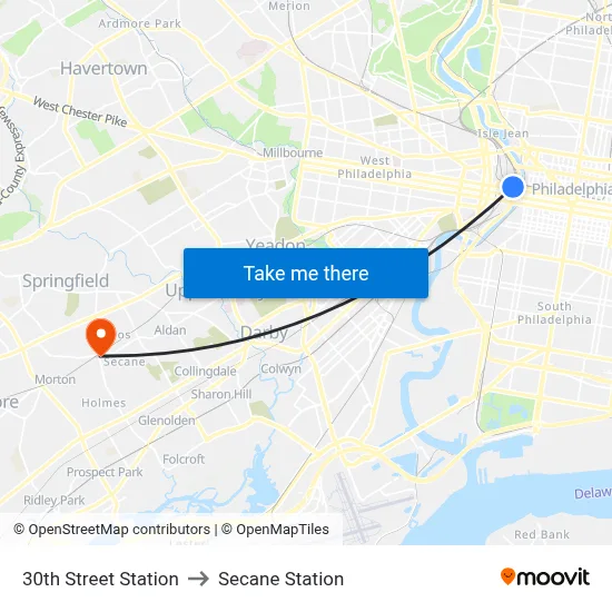 30th Street Station to Secane Station map