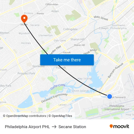 Philadelphia Airport PHL to Secane Station map