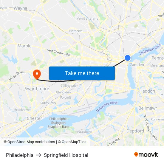 Philadelphia to Springfield Hospital map