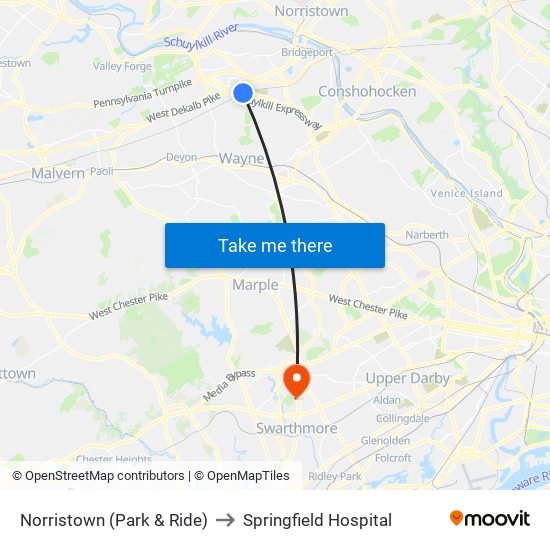 Norristown (Park & Ride) to Springfield Hospital map