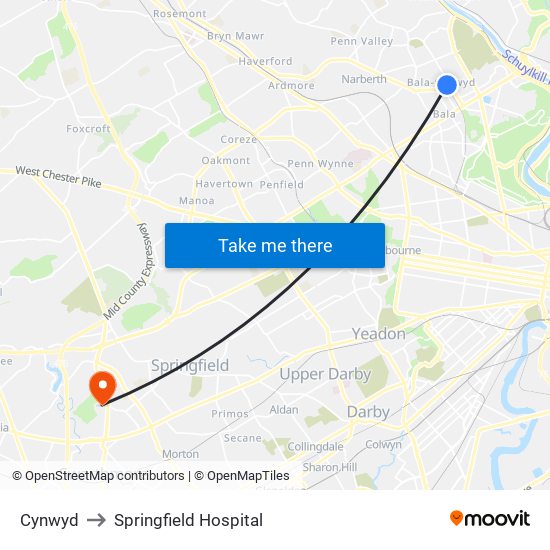 Cynwyd to Springfield Hospital map