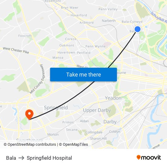 Bala to Springfield Hospital map