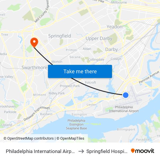 Philadelphia International Airport to Springfield Hospital map