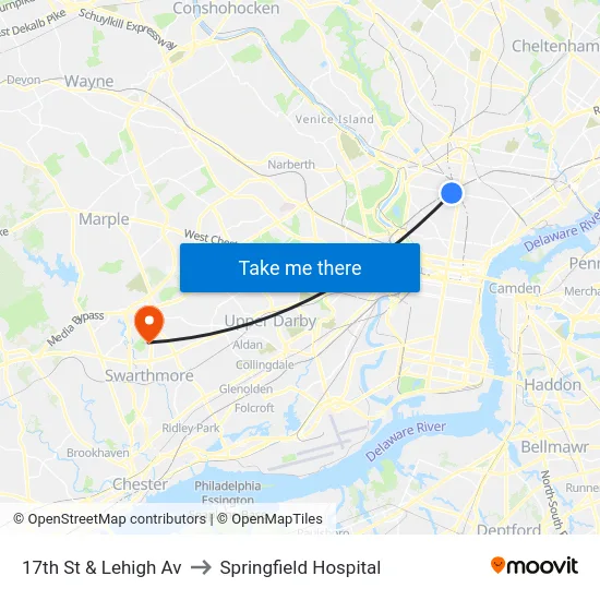 17th St & Lehigh Av to Springfield Hospital map