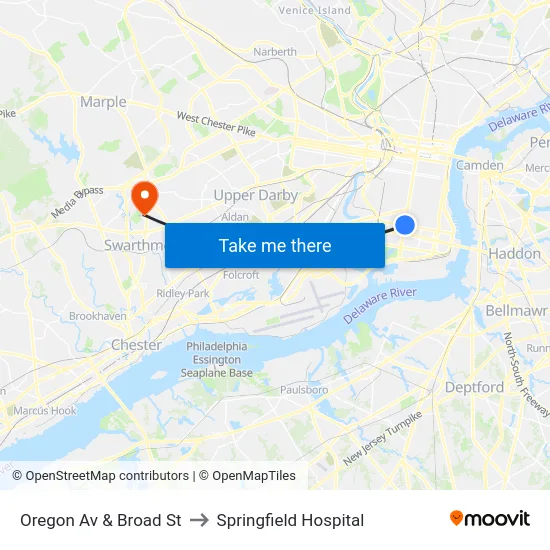 Oregon Av & Broad St to Springfield Hospital map