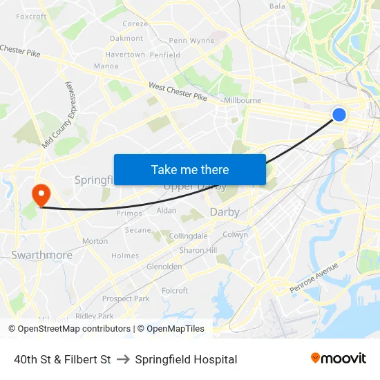 40th St & Filbert St to Springfield Hospital map
