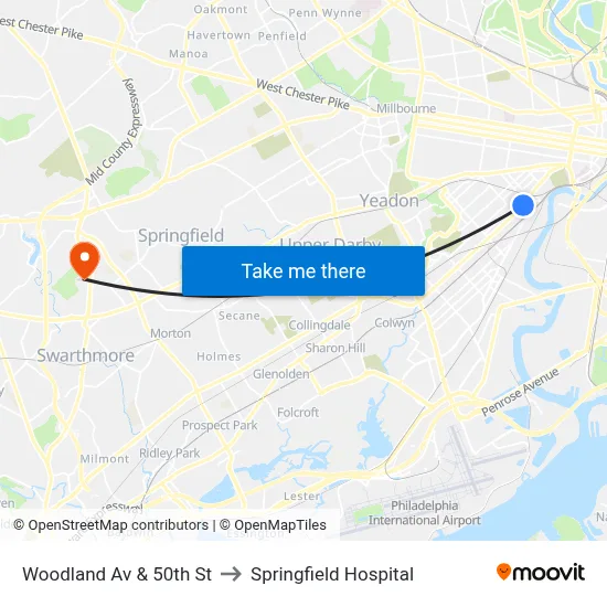 Woodland Av & 50th St to Springfield Hospital map