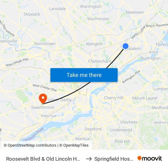 Roosevelt Blvd & Old Lincoln Hwy - FS to Springfield Hospital map