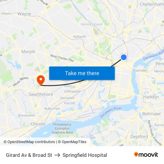 Girard Av & Broad St to Springfield Hospital map