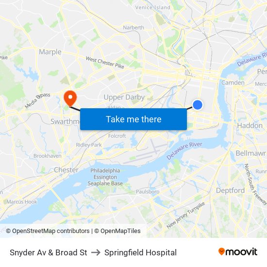 Snyder Av & Broad St to Springfield Hospital map