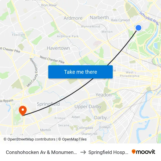 Conshohocken Av & Monument Rd to Springfield Hospital map