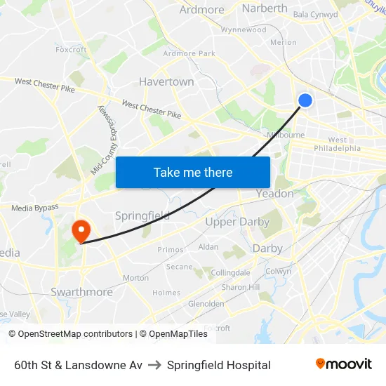 60th St & Lansdowne Av to Springfield Hospital map