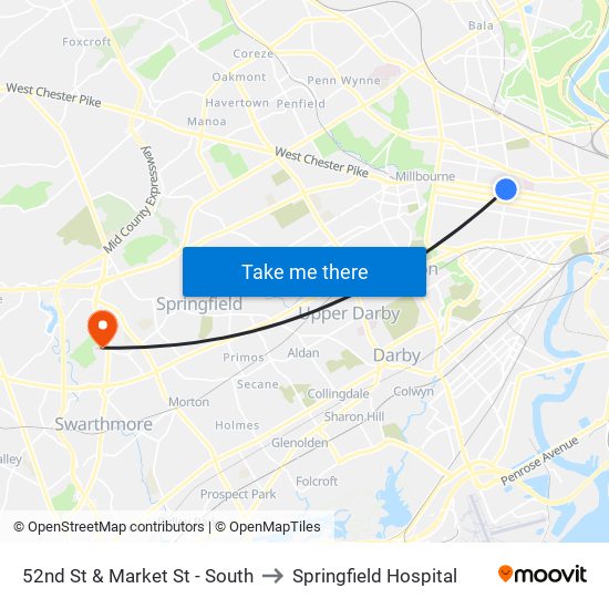 52nd St & Market St - South to Springfield Hospital map