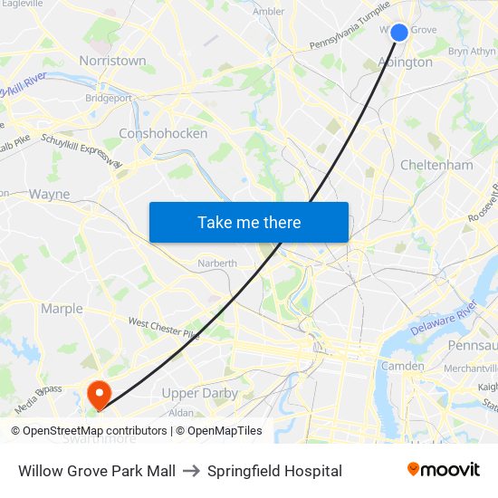 Willow Grove Park Mall to Springfield Hospital map