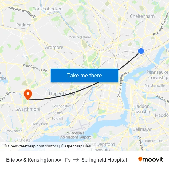 Erie Av & Kensington Av - Fs to Springfield Hospital map