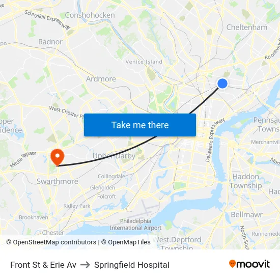 Front St & Erie Av to Springfield Hospital map