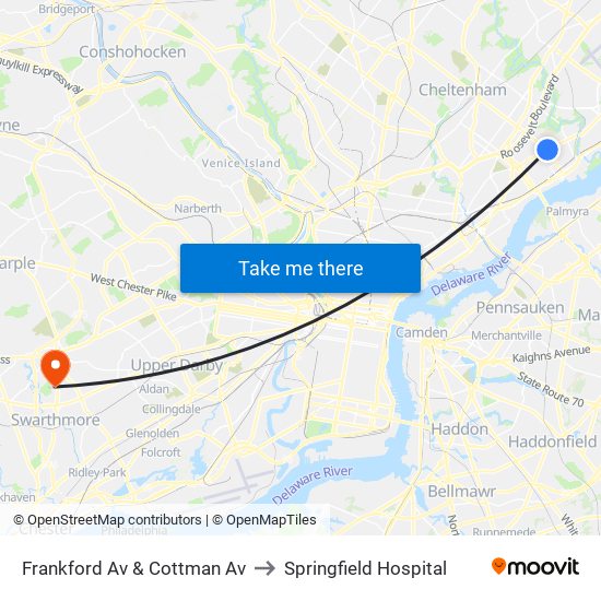 Frankford Av & Cottman Av to Springfield Hospital map