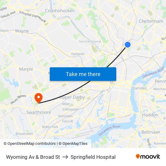 Wyoming Av & Broad St to Springfield Hospital map