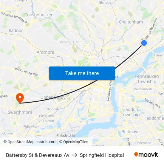 Battersby St & Devereaux Av to Springfield Hospital map
