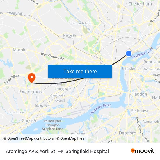 Aramingo Av & York St to Springfield Hospital map