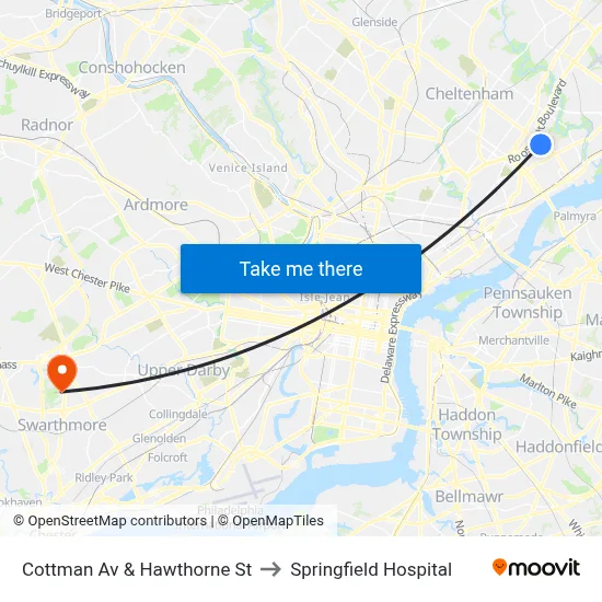 Cottman Av & Hawthorne St to Springfield Hospital map