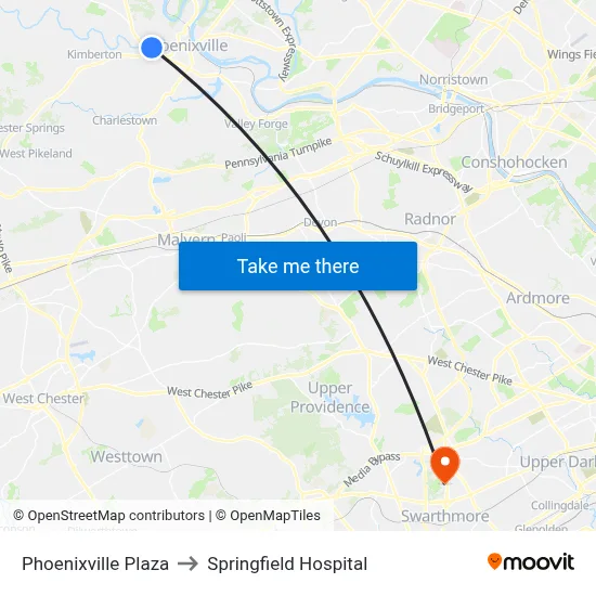 Phoenixville Plaza to Springfield Hospital map