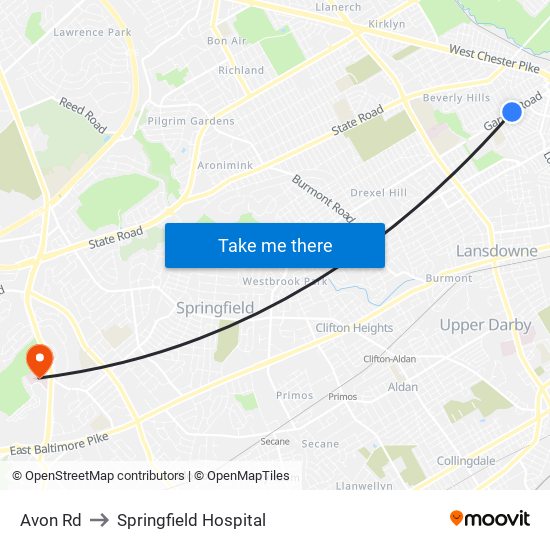 Avon Rd to Springfield Hospital map