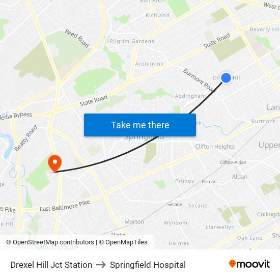 Drexel Hill Jct Station to Springfield Hospital map