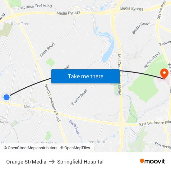 Orange St/Media to Springfield Hospital map