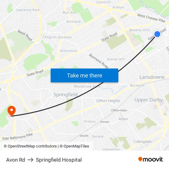 Avon Rd to Springfield Hospital map