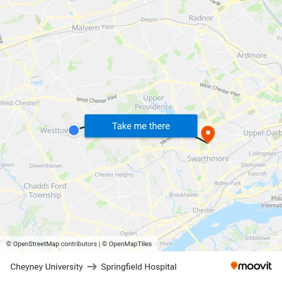 Cheyney University to Springfield Hospital map