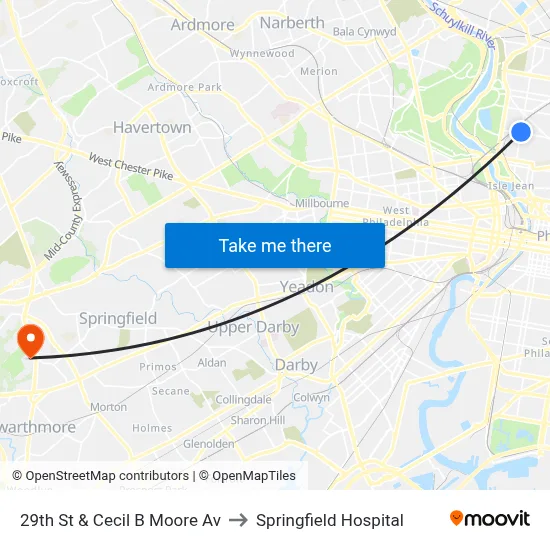 29th St & Cecil B Moore Av to Springfield Hospital map