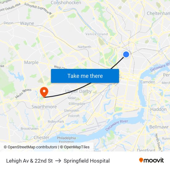 Lehigh Av & 22nd St to Springfield Hospital map