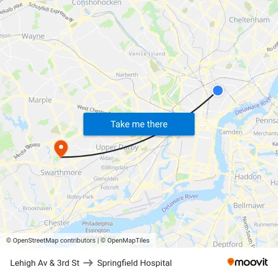 Lehigh Av & 3rd St to Springfield Hospital map