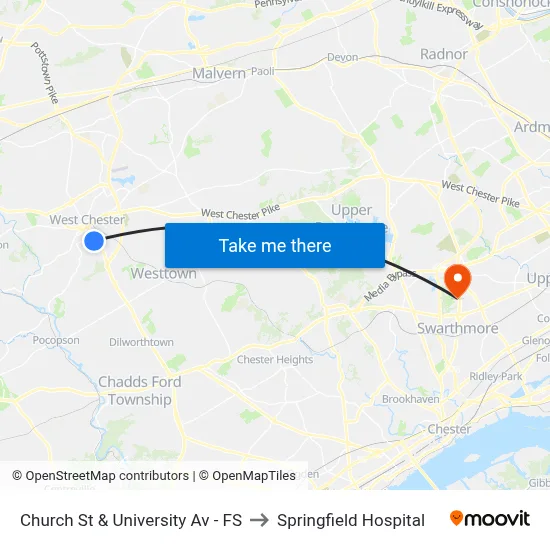Church St & University Av - FS to Springfield Hospital map