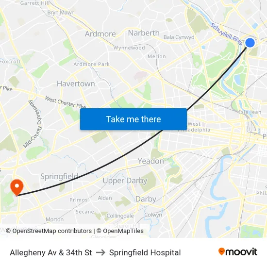 Allegheny Av & 34th St to Springfield Hospital map