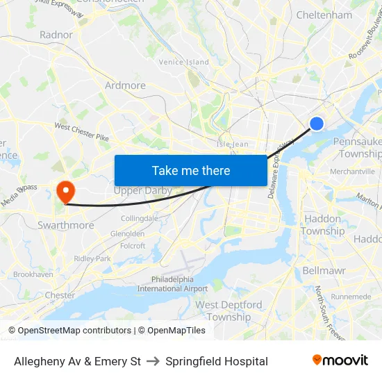 Allegheny Av & Emery St to Springfield Hospital map