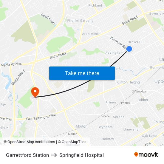 Garrettford Station to Springfield Hospital map