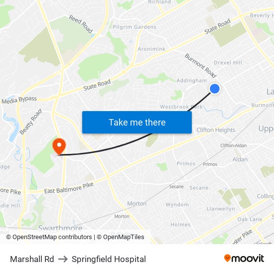 Marshall Rd to Springfield Hospital map