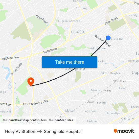 Huey Av Station to Springfield Hospital map