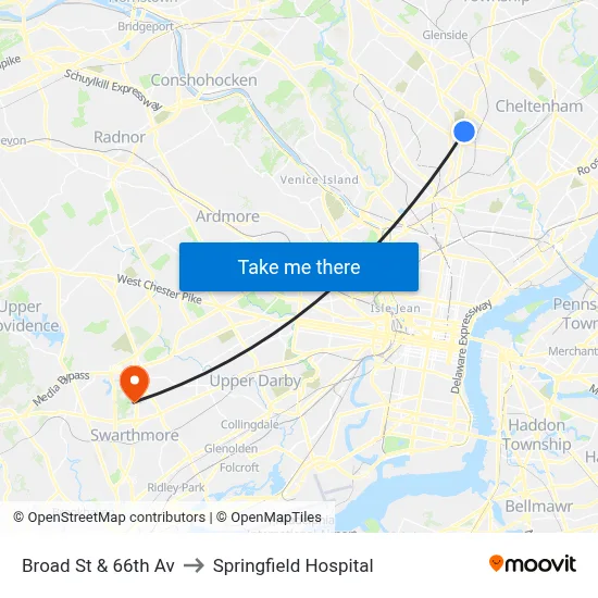 Broad St & 66th Av to Springfield Hospital map