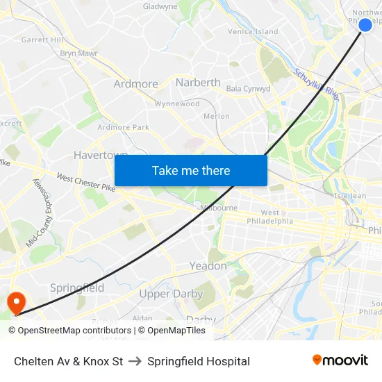 Chelten Av & Knox St to Springfield Hospital map