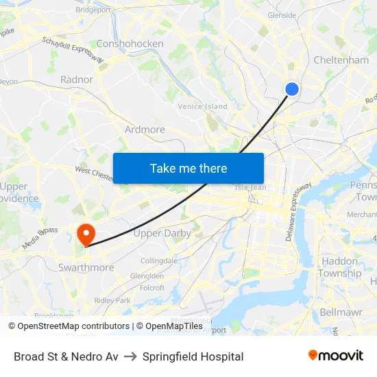 Broad St & Nedro Av to Springfield Hospital map